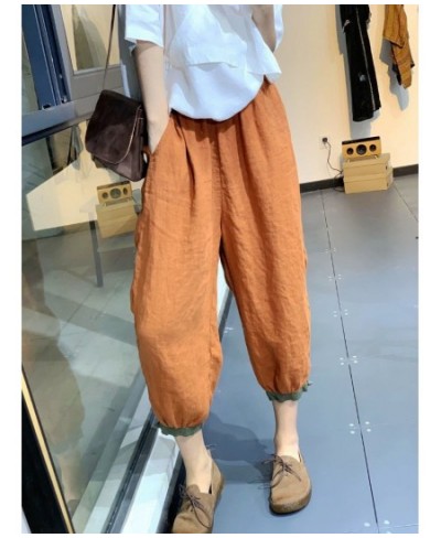 2022 Summer New Style Literary Style Contrast Color Harem Pants Loose Casual Show Thin Foot Plate Buckle Cotton and Linen Pan...