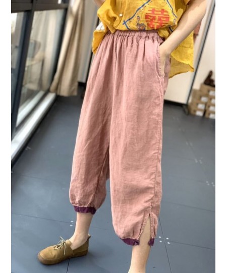 2022 Summer New Style Literary Style Contrast Color Harem Pants Loose Casual Show Thin Foot Plate Buckle Cotton and Linen Pan...