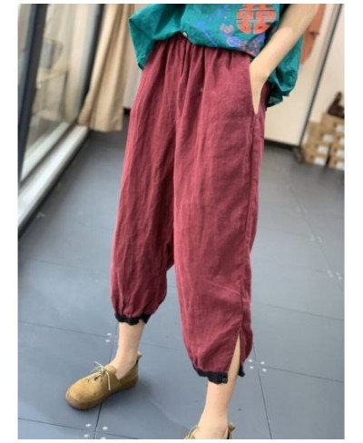 2022 Summer New Style Literary Style Contrast Color Harem Pants Loose Casual Show Thin Foot Plate Buckle Cotton and Linen Pan...