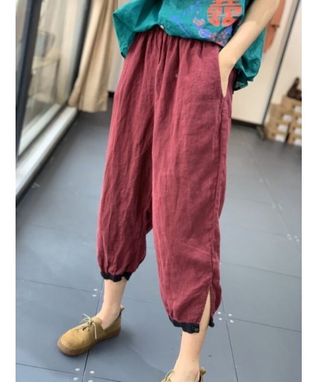 2022 Summer New Style Literary Style Contrast Color Harem Pants Loose Casual Show Thin Foot Plate Buckle Cotton and Linen Pan...