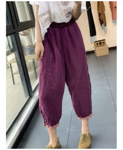 2022 Summer New Style Literary Style Contrast Color Harem Pants Loose Casual Show Thin Foot Plate Buckle Cotton and Linen Pan...