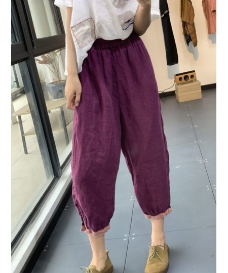 2022 Summer New Style Literary Style Contrast Color Harem Pants Loose Casual Show Thin Foot Plate Buckle Cotton and Linen Pan...