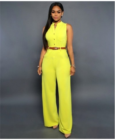 Formal Jumpsuit Wide Leg Pant Women Office Solid Color Sleeveless Belt Shirt Jumpsuit Basic V Neck Single Breasted Jumpsuit $...