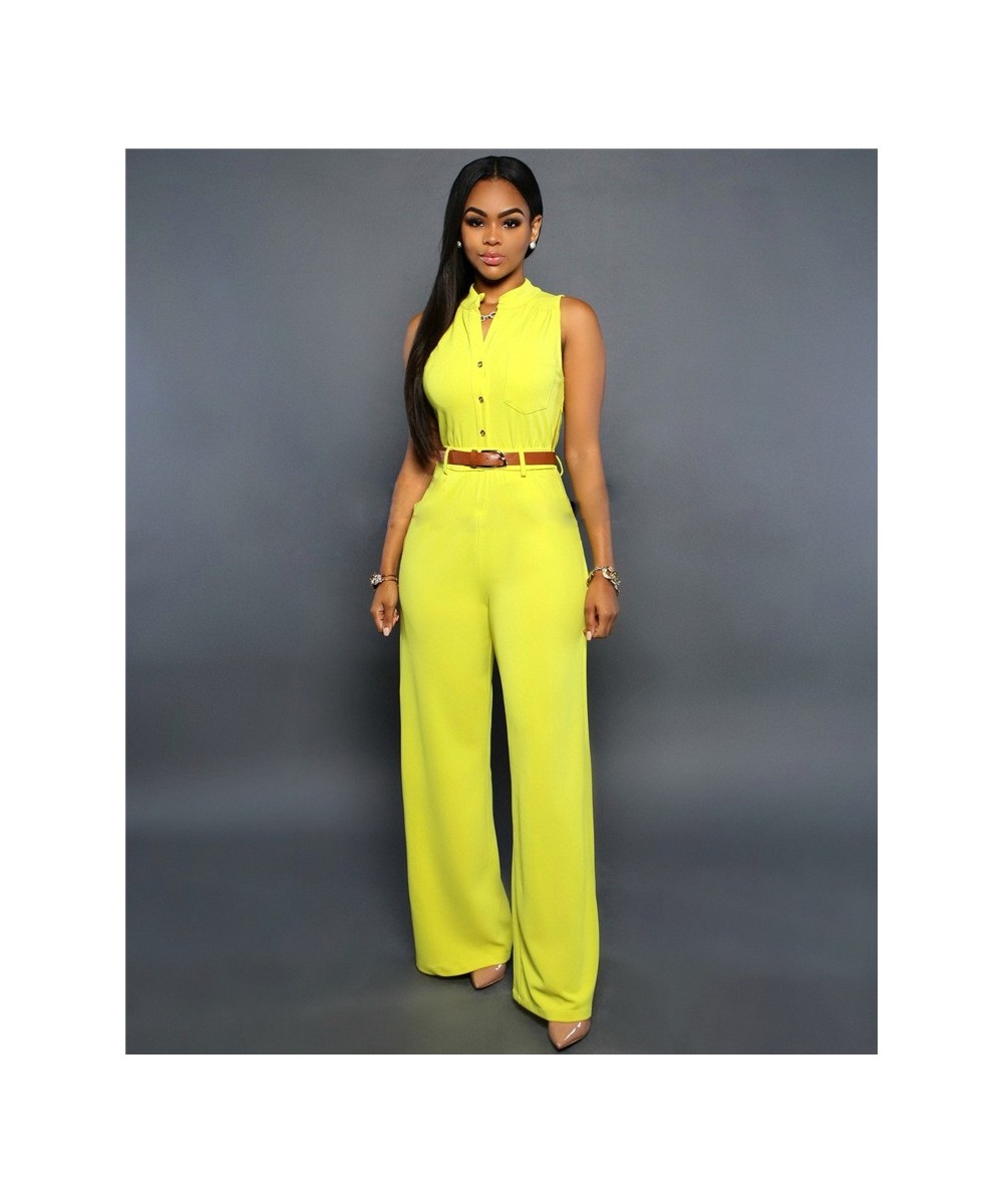 Formal Jumpsuit Wide Leg Pant Women Office Solid Color Sleeveless Belt Shirt Jumpsuit Basic V Neck Single Breasted Jumpsuit $...