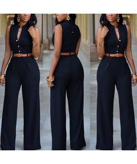 Formal Jumpsuit Wide Leg Pant Women Office Solid Color Sleeveless Belt Shirt Jumpsuit Basic V Neck Single Breasted Jumpsuit $...