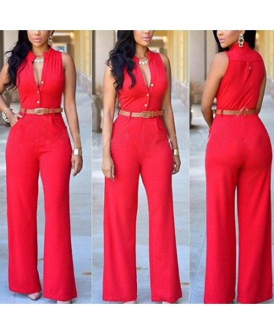 Formal Jumpsuit Wide Leg Pant Women Office Solid Color Sleeveless Belt Shirt Jumpsuit Basic V Neck Single Breasted Jumpsuit $...