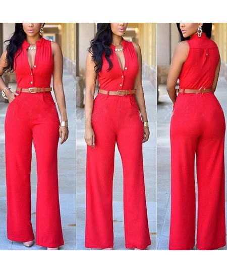 Formal Jumpsuit Wide Leg Pant Women Office Solid Color Sleeveless Belt Shirt Jumpsuit Basic V Neck Single Breasted Jumpsuit $...