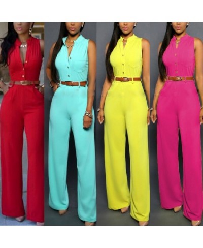 Formal Jumpsuit Wide Leg Pant Women Office Solid Color Sleeveless Belt Shirt Jumpsuit Basic V Neck Single Breasted Jumpsuit $...