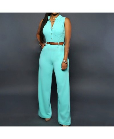 Formal Jumpsuit Wide Leg Pant Women Office Solid Color Sleeveless Belt Shirt Jumpsuit Basic V Neck Single Breasted Jumpsuit $...