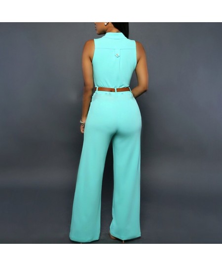 Formal Jumpsuit Wide Leg Pant Women Office Solid Color Sleeveless Belt Shirt Jumpsuit Basic V Neck Single Breasted Jumpsuit $...