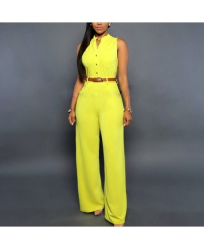 Formal Jumpsuit Wide Leg Pant Women Office Solid Color Sleeveless Belt Shirt Jumpsuit Basic V Neck Single Breasted Jumpsuit $...