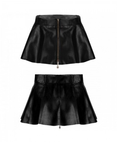 Womens Lingerie PU Leather Skirts High Waist Front Zipper Pleated Mini Skirt Party Nightwear Bar Clubwear for Sexy Role Play ...