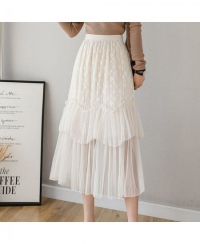 Chic Women Elegant Floral Embroidery Mesh A-line Midi Skirt Pleated Hem High Waist Lace Skirts for Summer Girls Fairy $28.07 ...