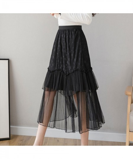 Chic Women Elegant Floral Embroidery Mesh A-line Midi Skirt Pleated Hem High Waist Lace Skirts for Summer Girls Fairy $28.07 ...