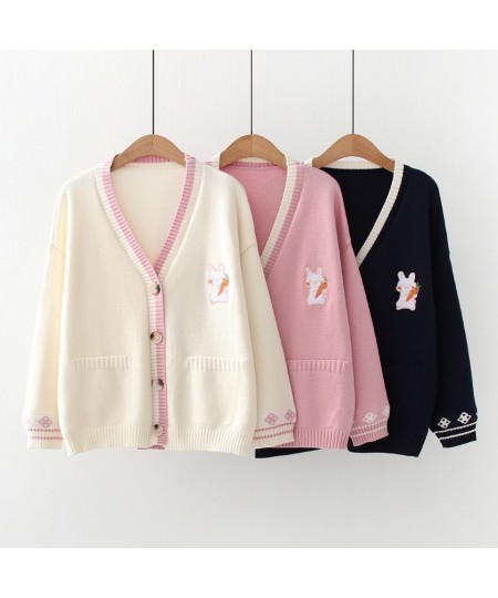 Korean Sweet Chic Women Sweaters Japanese V Neck Long Sleeve Cute Cardigans 2023 New Embroidery Cardigan $36.15 - Sweaters