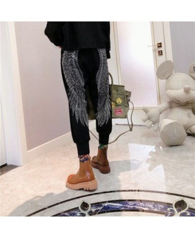 Women's Knitted Pants Rhinestone Wings Diamond High Elastic Skinny Stretchy Trousers Fashion Hip Hop Harajuku Female Harem $4...