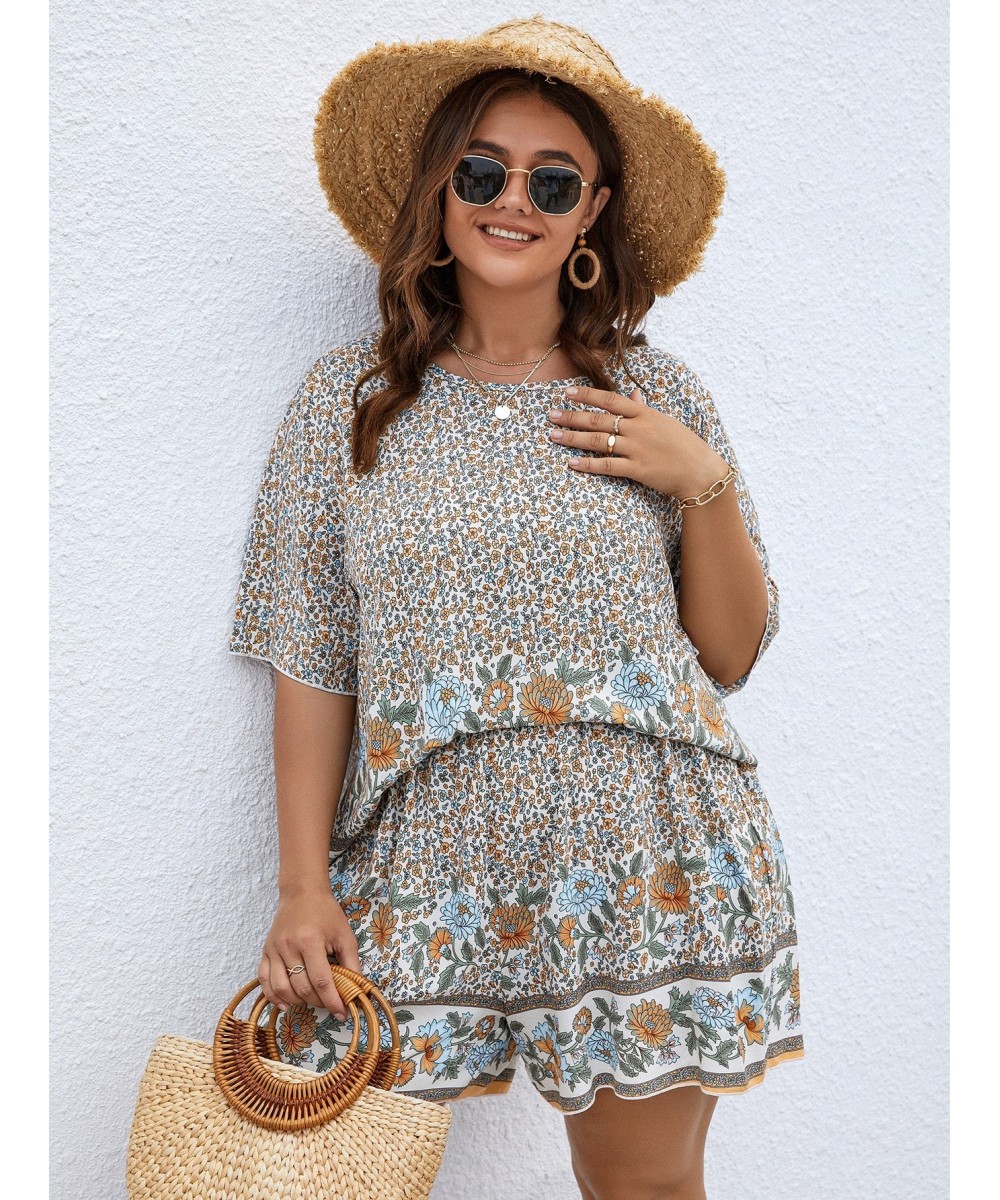 Women Summer 2023 Plus Size 4XL 2 Piece Set White Floral Print Cropped Tops & Shorts Pants Short Sleeve Casual Beach Suits Se...