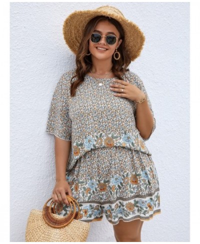 Women Summer 2023 Plus Size 4XL 2 Piece Set White Floral Print Cropped Tops & Shorts Pants Short Sleeve Casual Beach Suits Se...