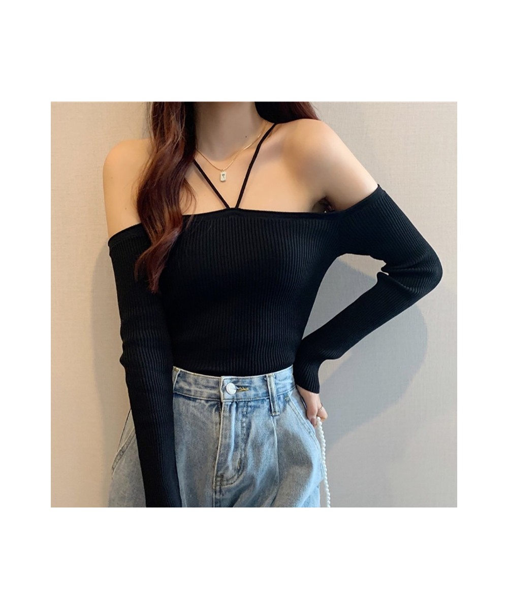 Slim Without Shoulder Halter Sweater Long Sleeve Top Female Black Knitted Short Tops Solid All-match Girl Crop Sweaters $31.6...