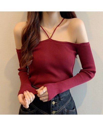 Slim Without Shoulder Halter Sweater Long Sleeve Top Female Black Knitted Short Tops Solid All-match Girl Crop Sweaters $31.6...