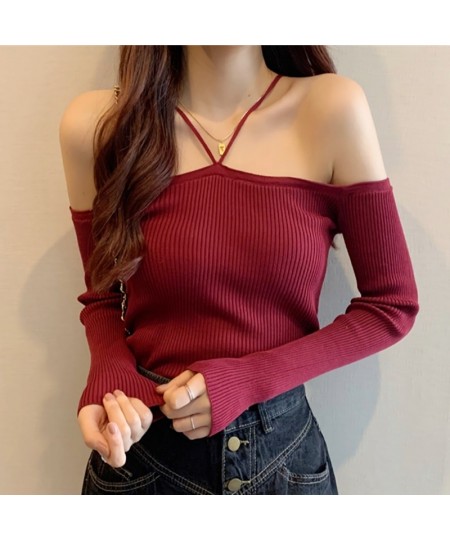 Slim Without Shoulder Halter Sweater Long Sleeve Top Female Black Knitted Short Tops Solid All-match Girl Crop Sweaters $31.6...