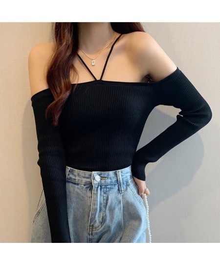 Slim Without Shoulder Halter Sweater Long Sleeve Top Female Black Knitted Short Tops Solid All-match Girl Crop Sweaters $31.6...