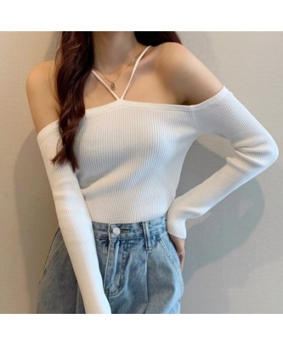 Slim Without Shoulder Halter Sweater Long Sleeve Top Female Black Knitted Short Tops Solid All-match Girl Crop Sweaters $31.6...