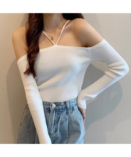 Slim Without Shoulder Halter Sweater Long Sleeve Top Female Black Knitted Short Tops Solid All-match Girl Crop Sweaters $31.6...