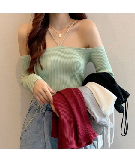 Slim Without Shoulder Halter Sweater Long Sleeve Top Female Black Knitted Short Tops Solid All-match Girl Crop Sweaters $31.6...