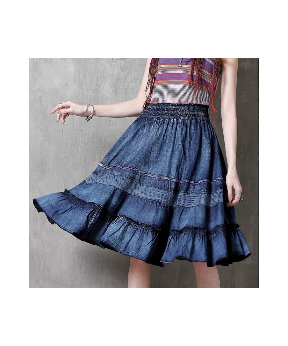 2023 Spring New Fashion All-match Patchwork Denim Skirt Casual Comfortable Solid Color Women Knee-length Ruffles Skirt $61.16...