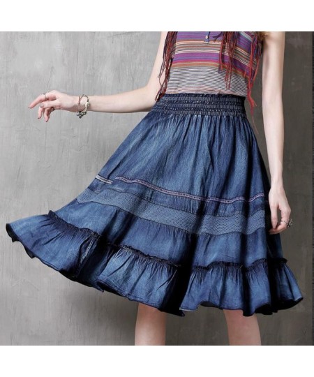 2023 Spring New Fashion All-match Patchwork Denim Skirt Casual Comfortable Solid Color Women Knee-length Ruffles Skirt $61.16...