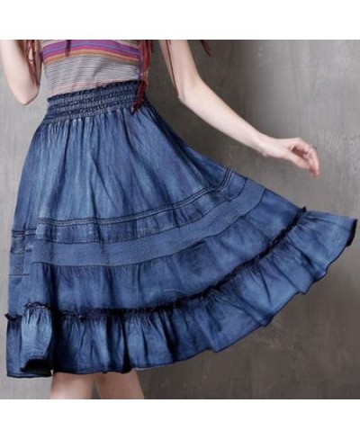 2023 Spring New Fashion All-match Patchwork Denim Skirt Casual Comfortable Solid Color Women Knee-length Ruffles Skirt $61.16...