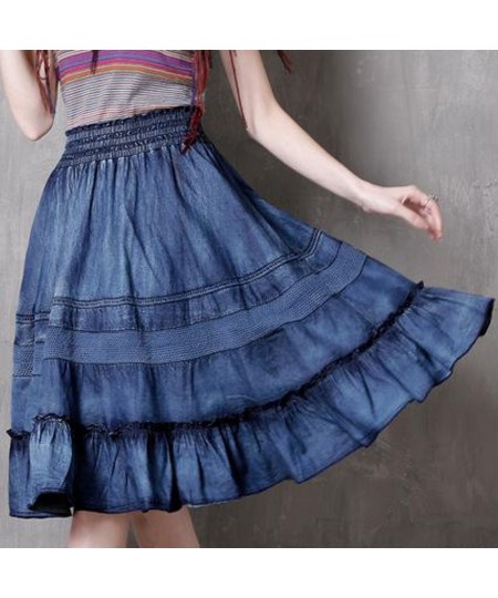 2023 Spring New Fashion All-match Patchwork Denim Skirt Casual Comfortable Solid Color Women Knee-length Ruffles Skirt $61.16...