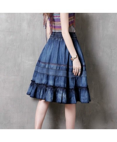 2023 Spring New Fashion All-match Patchwork Denim Skirt Casual Comfortable Solid Color Women Knee-length Ruffles Skirt $61.16...