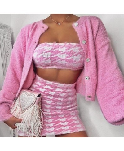 Women Spring Knit Cardigans Sweater Set New Loose Elegaht Sweet Pink Thicked Pull Femme Casual Coat Crop Top & Skirt Set Shor...