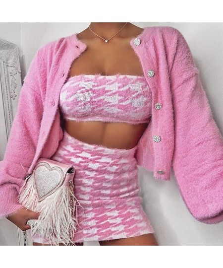 Women Spring Knit Cardigans Sweater Set New Loose Elegaht Sweet Pink Thicked Pull Femme Casual Coat Crop Top & Skirt Set Shor...