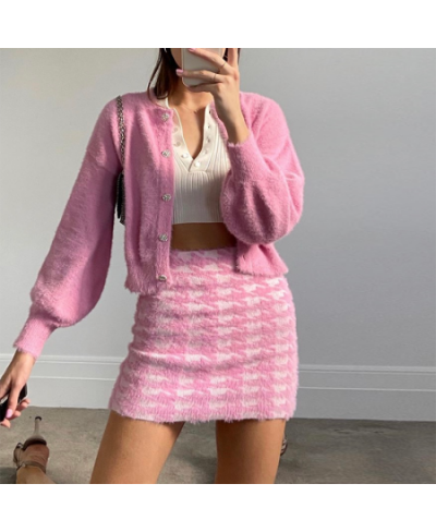 Women Spring Knit Cardigans Sweater Set New Loose Elegaht Sweet Pink Thicked Pull Femme Casual Coat Crop Top & Skirt Set Shor...