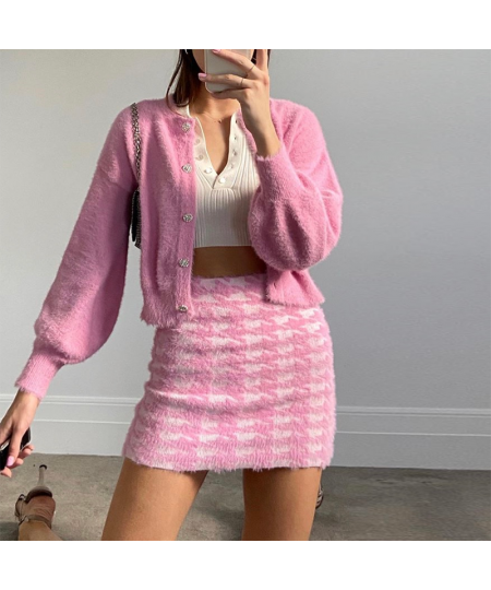 Women Spring Knit Cardigans Sweater Set New Loose Elegaht Sweet Pink Thicked Pull Femme Casual Coat Crop Top & Skirt Set Shor...