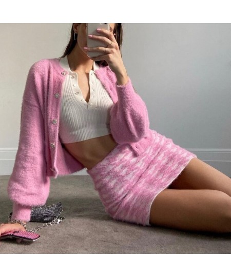 Women Spring Knit Cardigans Sweater Set New Loose Elegaht Sweet Pink Thicked Pull Femme Casual Coat Crop Top & Skirt Set Shor...