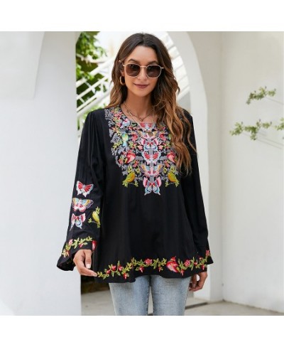 Boho Embroidery Blouses Shirt Spring Autumn Women Mexican Shirt Vintage Long Sleeve 23xl Black Casual Ethnic Top $63.78 - Wom...