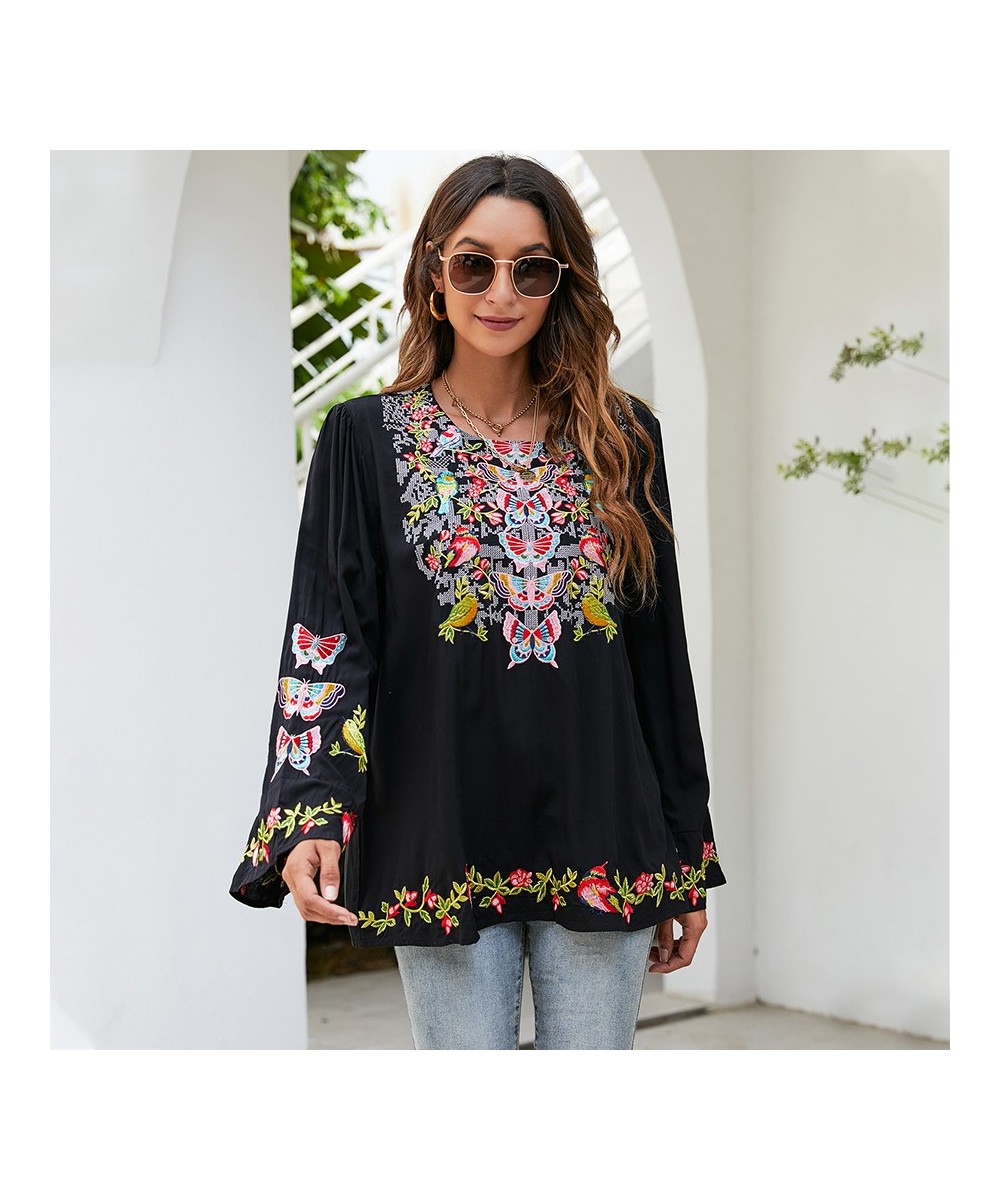 Boho Embroidery Blouses Shirt Spring Autumn Women Mexican Shirt Vintage Long Sleeve 23xl Black Casual Ethnic Top $63.78 - Wom...