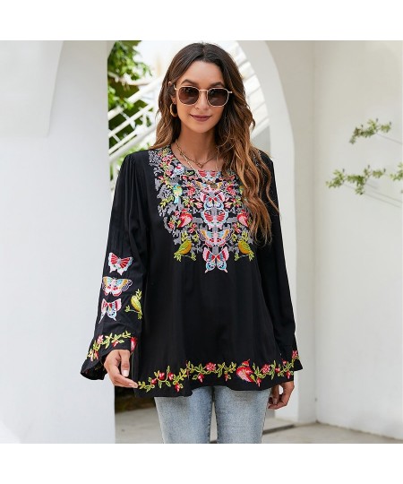 Boho Embroidery Blouses Shirt Spring Autumn Women Mexican Shirt Vintage Long Sleeve 23xl Black Casual Ethnic Top $63.78 - Wom...