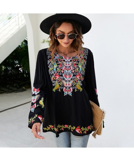 Boho Embroidery Blouses Shirt Spring Autumn Women Mexican Shirt Vintage Long Sleeve 23xl Black Casual Ethnic Top $63.78 - Wom...