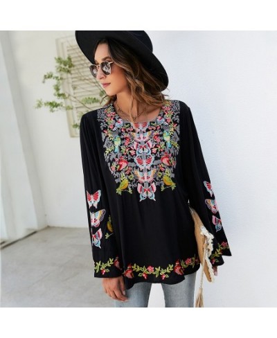 Boho Embroidery Blouses Shirt Spring Autumn Women Mexican Shirt Vintage Long Sleeve 23xl Black Casual Ethnic Top $63.78 - Wom...