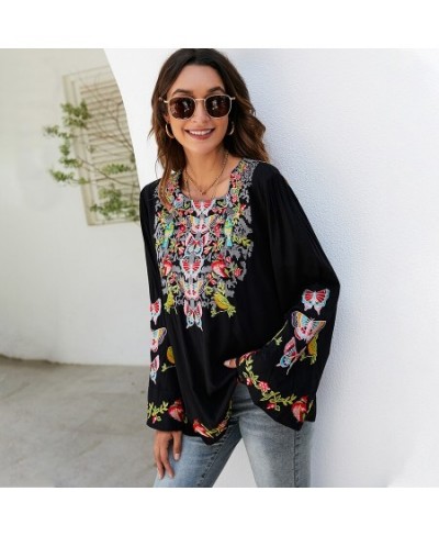 Boho Embroidery Blouses Shirt Spring Autumn Women Mexican Shirt Vintage Long Sleeve 23xl Black Casual Ethnic Top $63.78 - Wom...