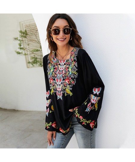 Boho Embroidery Blouses Shirt Spring Autumn Women Mexican Shirt Vintage Long Sleeve 23xl Black Casual Ethnic Top $63.78 - Wom...