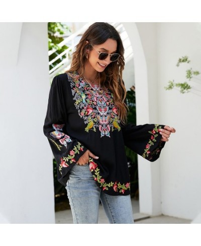 Boho Embroidery Blouses Shirt Spring Autumn Women Mexican Shirt Vintage Long Sleeve 23xl Black Casual Ethnic Top $63.78 - Wom...