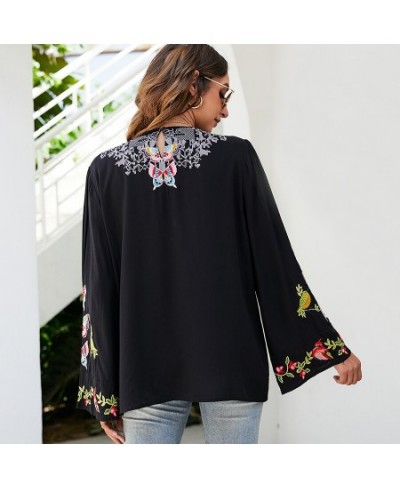 Boho Embroidery Blouses Shirt Spring Autumn Women Mexican Shirt Vintage Long Sleeve 23xl Black Casual Ethnic Top $63.78 - Wom...