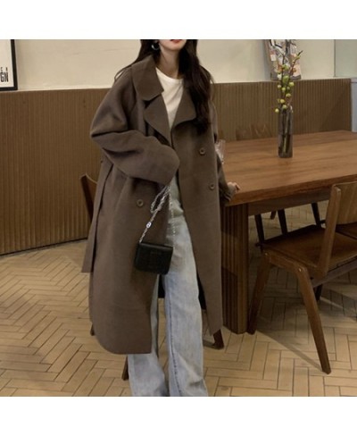 Wool Coat for Women Loose Belt Double Breasted Turn Down Collar 2022 New Fashion Elegant Office Ladies Long Women Coat $85.71...