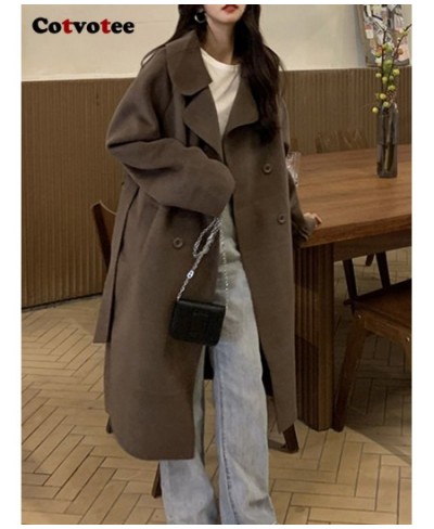 Wool Coat for Women Loose Belt Double Breasted Turn Down Collar 2022 New Fashion Elegant Office Ladies Long Women Coat $85.71...